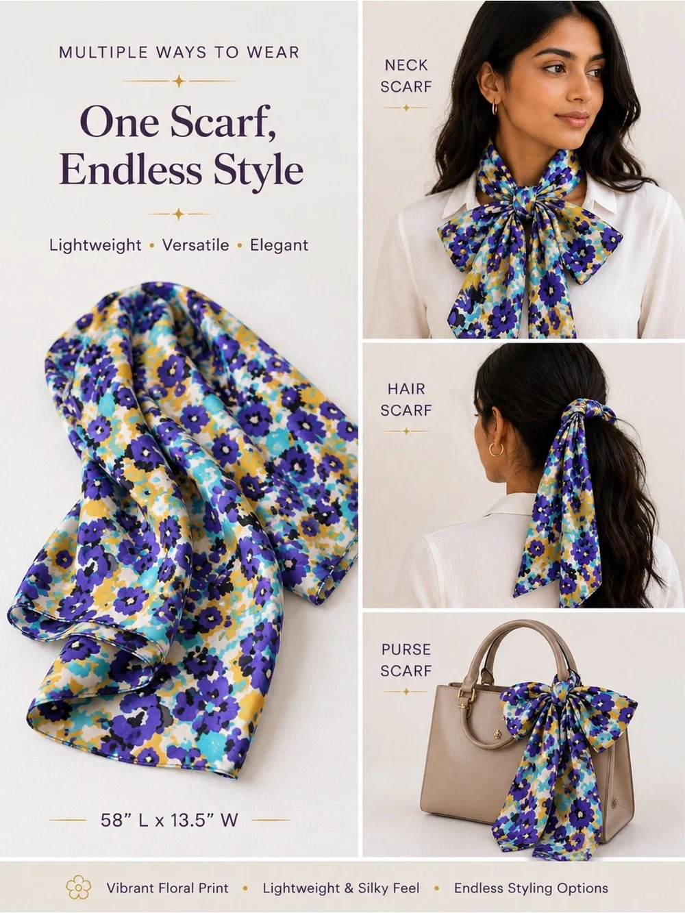 Colorful Floral Silk-Look Scarf 58” Purple Turquoise Gold Hair Neck Purse Wrap